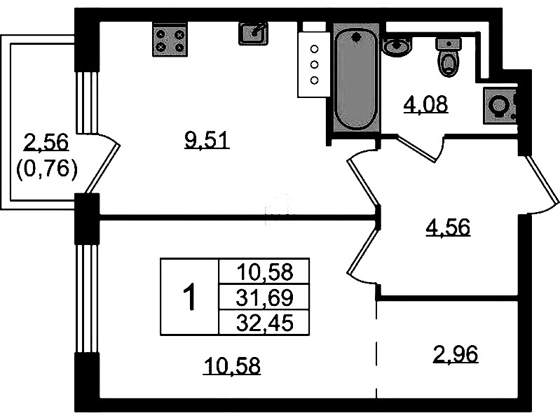 1-комнатная квартира 32.45 м², 9/13 эт., ЖК «Квартал Торики»